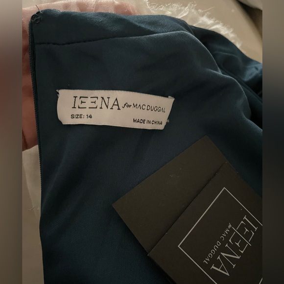 MWT IENNA Mac Duggal Blue Beaded High Neck Bishop Sleeve Satin Gown Size 14 - Picture 6 of 6